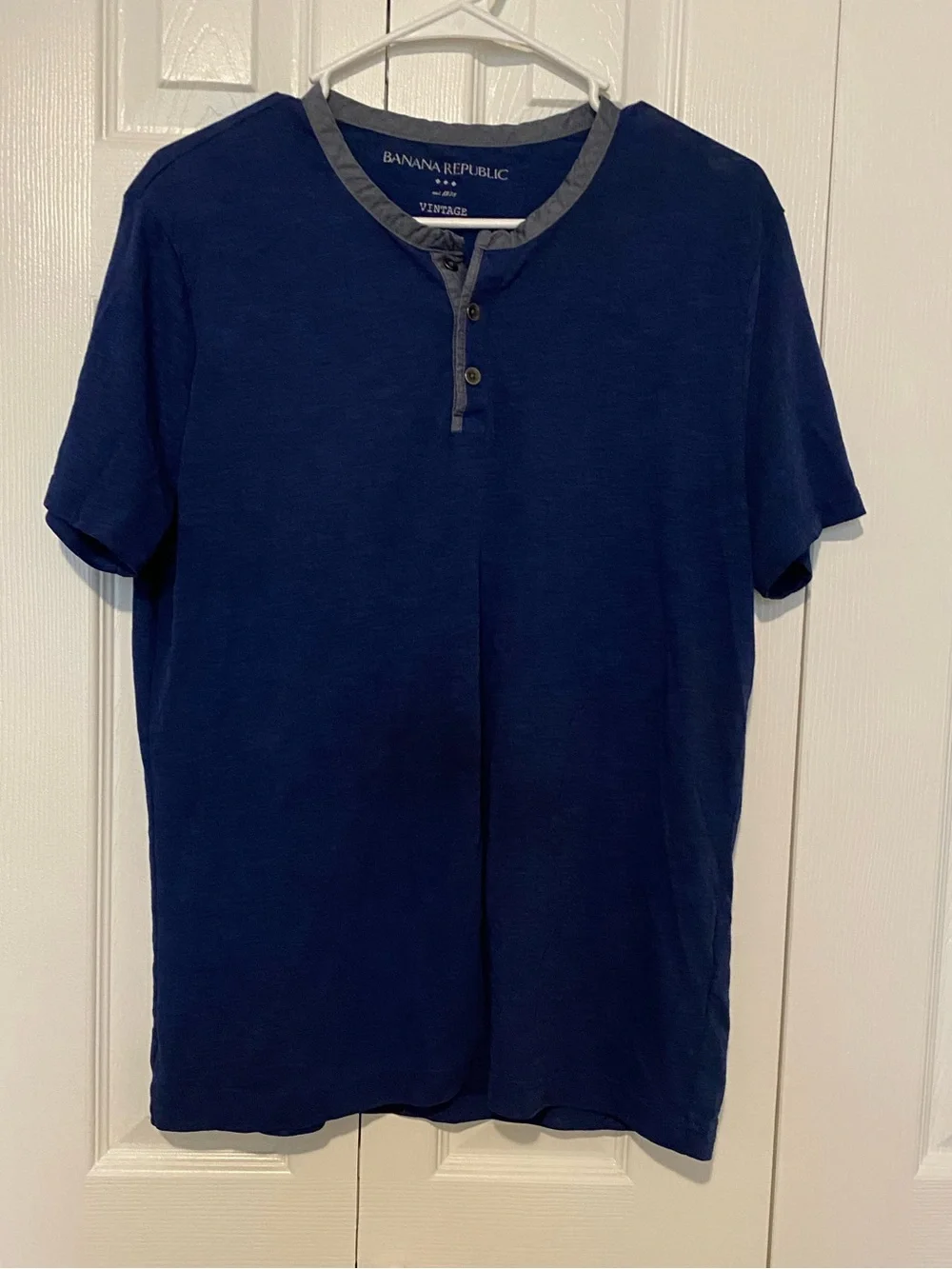 Banana Republic Navy Short-Sleeve Henley with Gray Trim